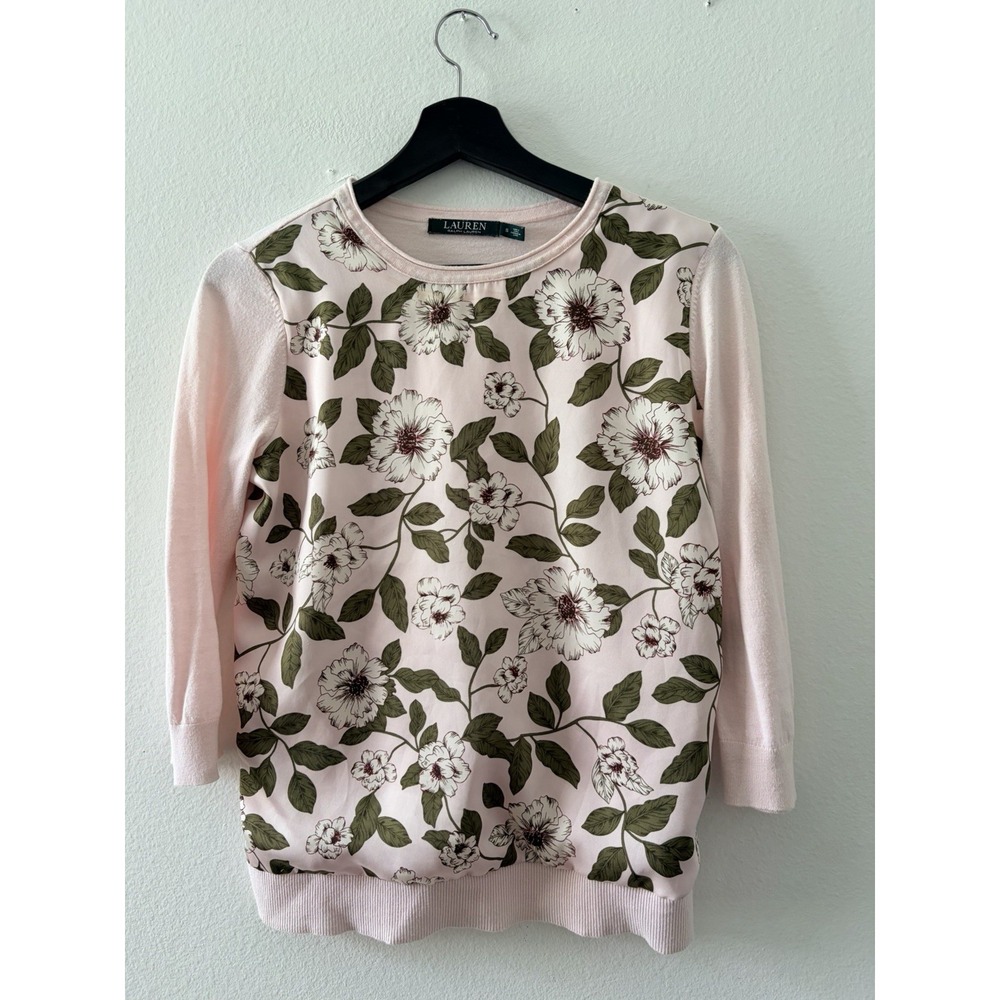 Ralph Lauren Floral Silk Front Top Sweater Womens Small Pink Green Blouse